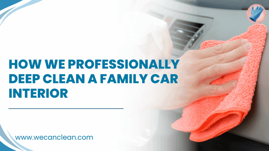 Car interior deep cleaning showing spotless seats, carpets, and dashboard after detailing